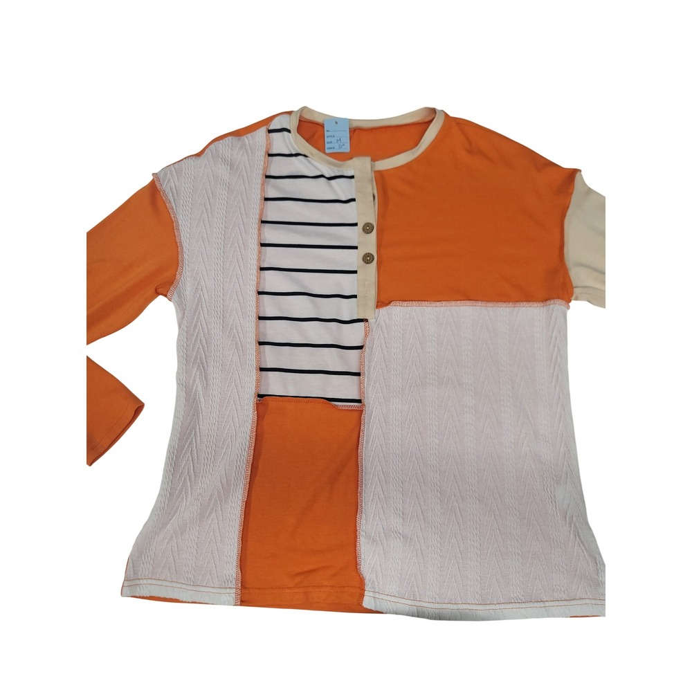 AG Mixed Media Patchwork Henley Top Orange Striped Chevron Boho Chic Size M